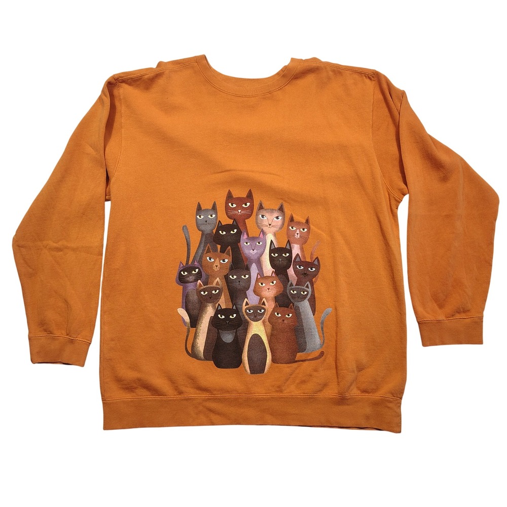 Amadora Sport Sweatshirt Womens XXL Graphic Cat Print Orange Pullover Crewneck